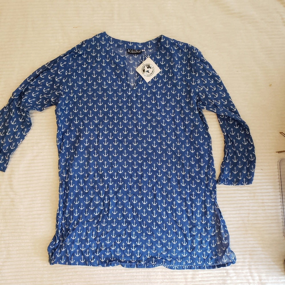 SOLD KikiSol Blue/ White Anchor Print Women's Top/ Coverup XL - Picture 2 of 8